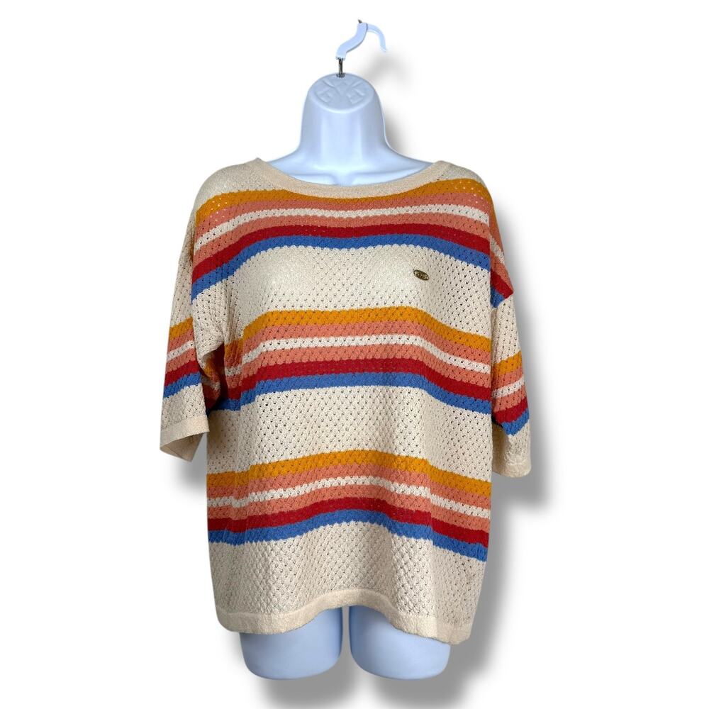 US Polo Assn. Top Womens Small Cream Rainbow Stripe Retro Kinit Pullover Coastal